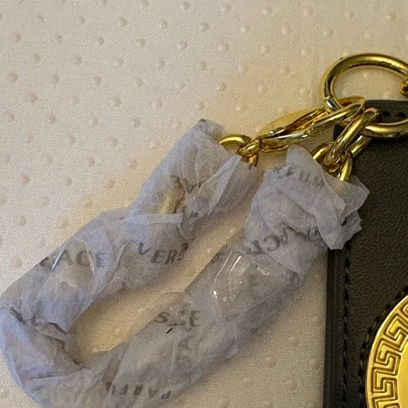 Versace Gray Leather Medusa Keychain Tag with Gold Tone Medallion - Picture 4 of 8